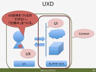 UXD

UX自体をつくるの
   ではない。	
  
「仕組み」をつくる。	
               UI	

                                  Context	




        UX	

      ヒト	
            モノやサービス	

               #devlove2012b	
                48	
 