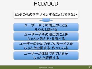 HCD/UCD

UXそのものをデザインすることはできない	
  

  ユーザーやその周辺のことを	
  
     ちゃんと調べる	
  
  ユーザーやその周辺のことを	
  
   ちゃんと考える・共有する	
  
 ユーザーのためのモノやサービスを	
  
  ちゃんと企画する・作ってみる	
  
   ユーザーが体験できているか	
  
      ちゃんと評価する	
  

         #devlove2012b	
   50	
 