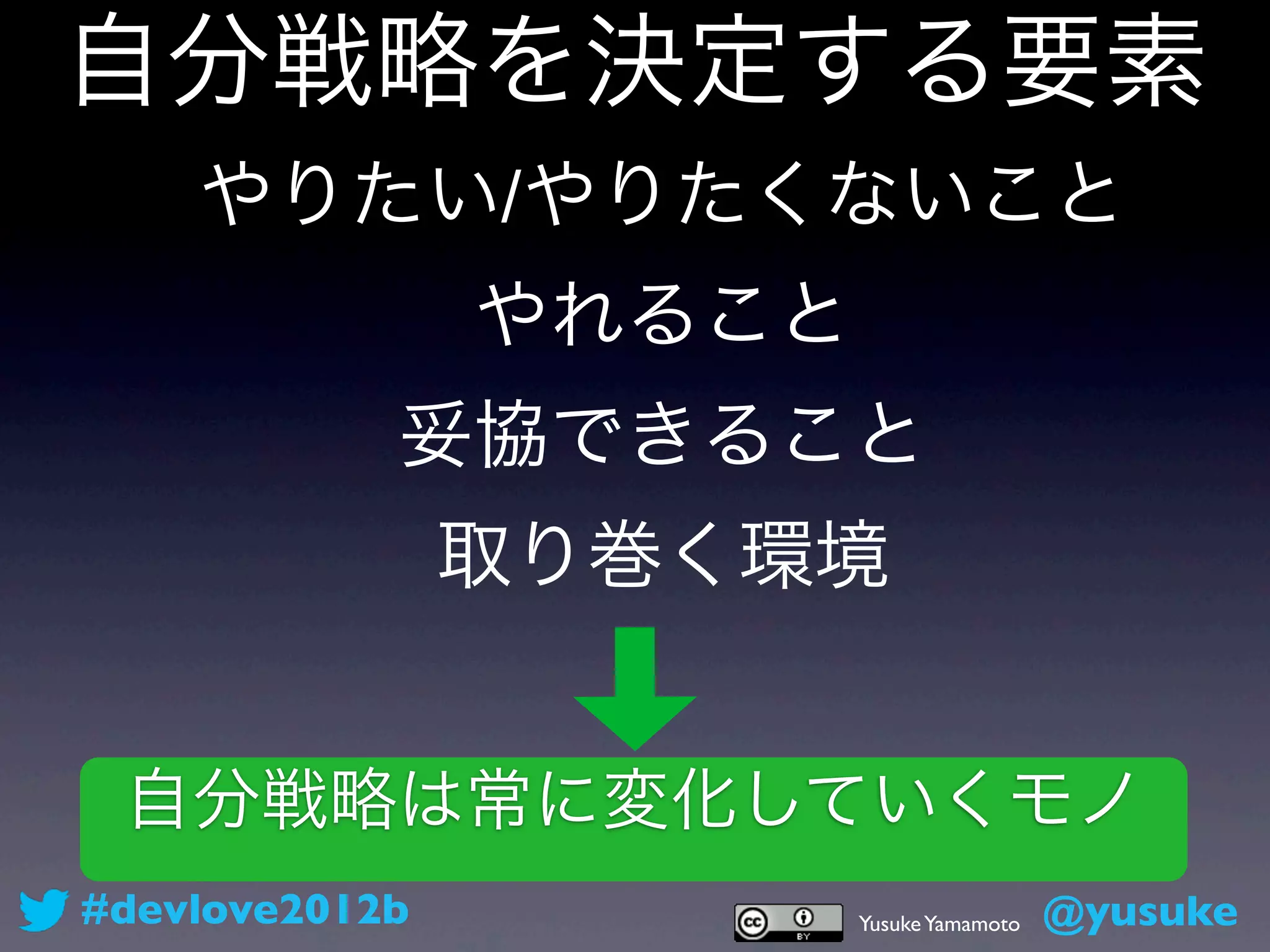自分戦略を決定する要素
    やりたい/やりたくないこと
                やれること
            妥協できること
                取り巻く環境


 自分戦略は常に変化していくモノ
#devlove2012b           Yusuke Yamamoto   @yusuke
 