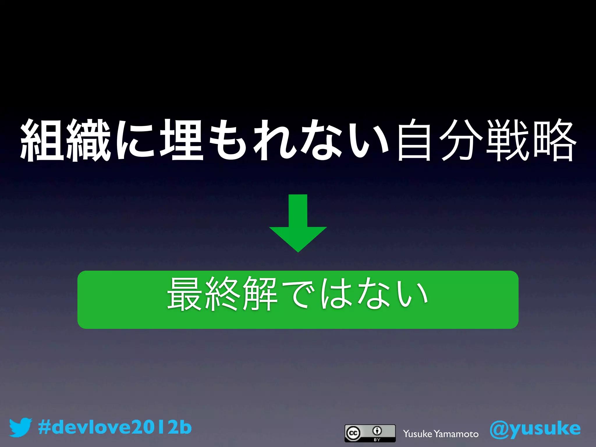組織に埋もれない自分戦略


          最終解ではない


#devlove2012b   Yusuke Yamamoto   @yusuke
 