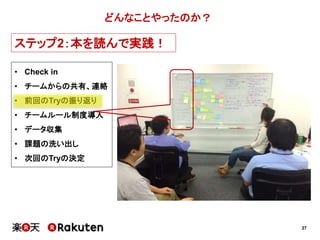 27 
どんなことやったのか？ 
ステップ2：本を読んで実践！ 
• Check in 
• チームからの共有、連絡 
• 前回のTryの振り返り 
• チームルール制度導入 
• データ収集 
• 課題の洗い出し 
• 次回のTryの決定 
 