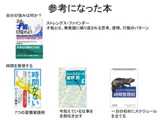 参考になった本 
自分の強みは何か？ 
時間を管理する 
ストレングス・ファインダー 
才能とは、無意識に繰り返される思考、感情、行動のパターン 
7つの習慣実践例 今抱えている仕事を 
全部吐き出す 
一日の初めにスケジュール 
を立てる 
 