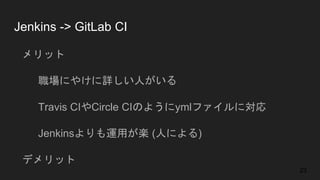 Jenkins -> GitLab CI
● メリット
○ 職場にやけに詳しい人がいる
○ Travis CIやCircle CIのようにymlファイルに対応
○ Jenkinsよりも運用が楽 (人による)
● デメリット
○ 総合的な機能面で劣る
23
 