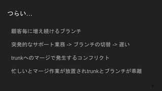 つらい…
● 顧客毎に増え続けるブランチ
● 突発的なサポート業務 -> ブランチの切替 -> 遅い
● trunkへのマージで発生するコンフリクト
● 忙しいとマージ作業が放置されtrunkとブランチが乖離
9
 