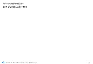 Copyright（C） Nomura Research Institute, Ltd. All rights reserved. 114
顧客が変わることを手伝う
アジャイルな開発で飯を食うまで
 