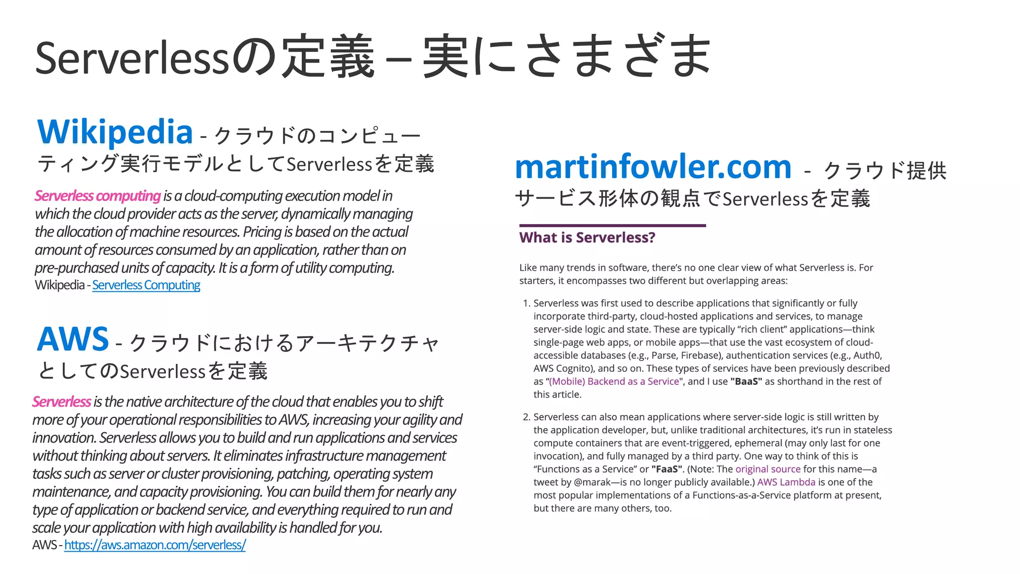 Serverlesscomputing
Wikipedia-ServerlessComputing
Serverless
AWS-https://aws.amazon.com/serverless/
Wikipedia
AWS
martinfowler.com
 