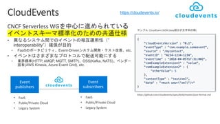 CNCF Serverless WG
• ”
interoperability”
• FaaS Event-Driven etc.
•
• (HTTP, AMQP, MQTT, SMTP) OSS(Kafka, NATS)
(AWS Kinesis, Azure Event Grid), etc.
https://cloudevents.io/
https://github.com/cloudevents/spec/blob/master/json-format.md
: CloudEvent JSON (data )
 