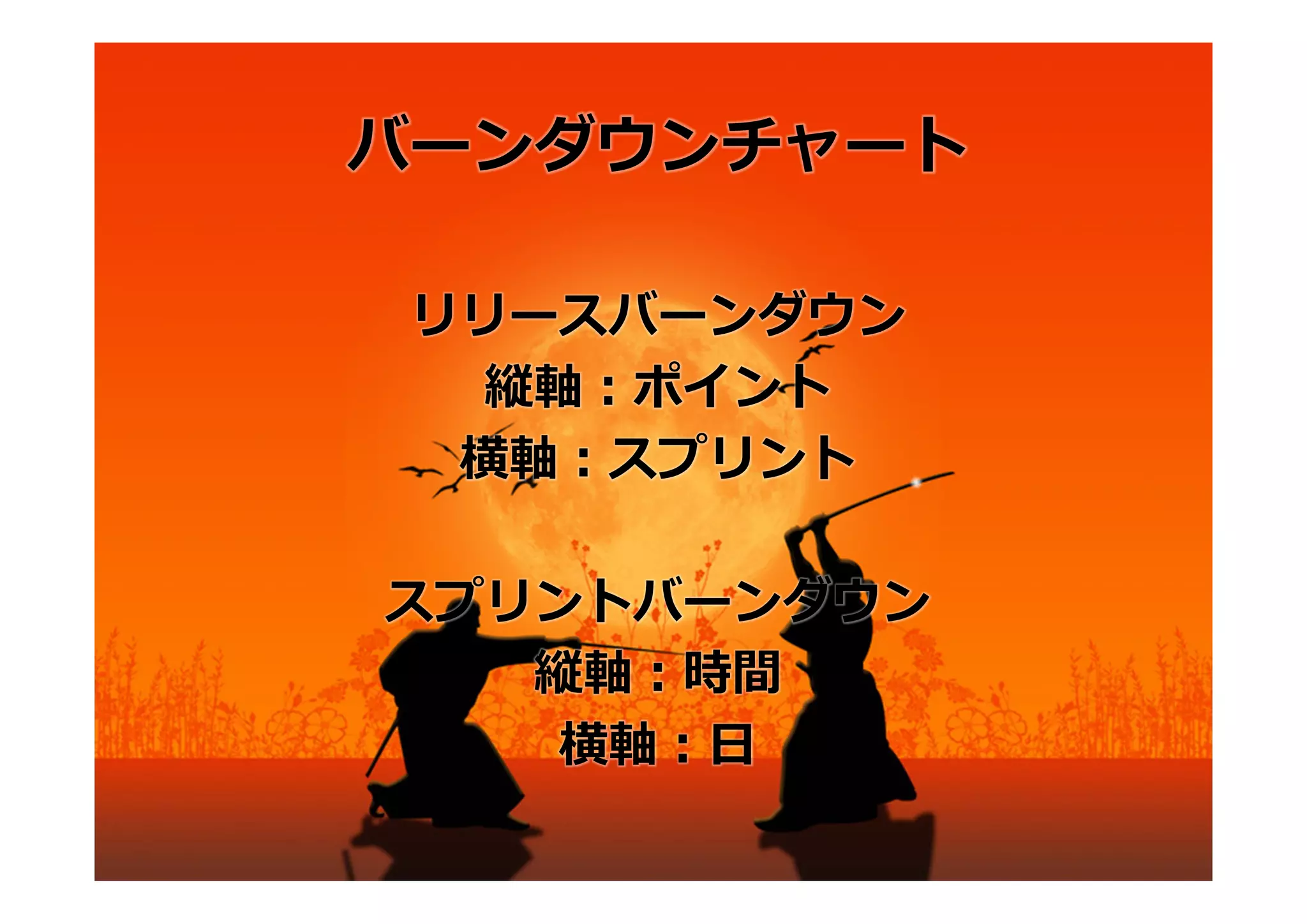 バーンダウンチャート

 リリースバーンダウン
  縦軸：ポイント
  横軸：スプリント

スプリントバーンダウン
   縦軸：時間
    横軸：⽇
 