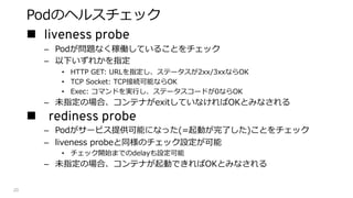 n liveness probe
– Hy U R LT a
– O G t
• )( 2/ t d EedH U
• 0 U
• ( b oi p d EedbEiH U
– t r bo H R UK T U
n rediness probe
– HcEkd U P xH P LT a
– : = Ts a tH
• av S :3C t
– t r bo H xS T U
lnd a
 