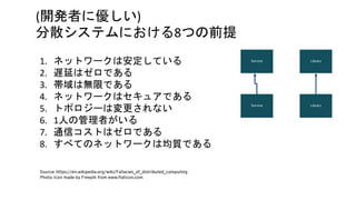 1.
2.
3.
4.
5.
6. 1
7.
8.
( )
8
Source: https://en.wikipedia.org/wiki/Fallacies_of_distributed_computing
Photo: Icon made by Freepik from www.flaticon.com
Service
Service
Library
Library
 