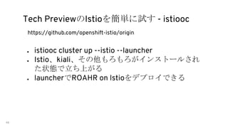 Tech Preview Istio - istiooc
● istiooc cluster up --istio --launcher
● Istio kiali
● launcher ROAHR on Istio
https://github.com/openshift-istio/origin
 
