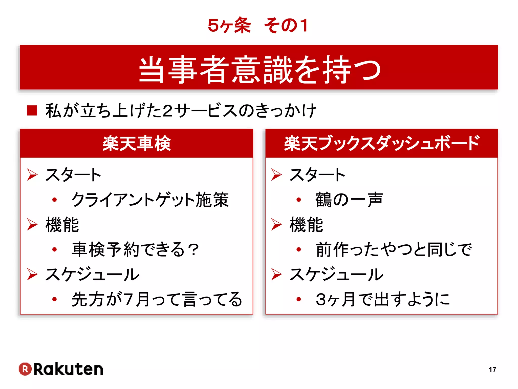 17
５ヶ条 その１
当事者意識を持つ
楽天車検 楽天ブックスダッシュボード
 スタート
• クライアントゲット施策
 機能
• 車検予約できる？
 スケジュール
• 先方が７月って言ってる
 スタート
• 鶴の一声
 機能
• 前作ったやつと同じで
 スケジュール
• ３ヶ月で出すように
 私が立ち上げた２サービスのきっかけ
 