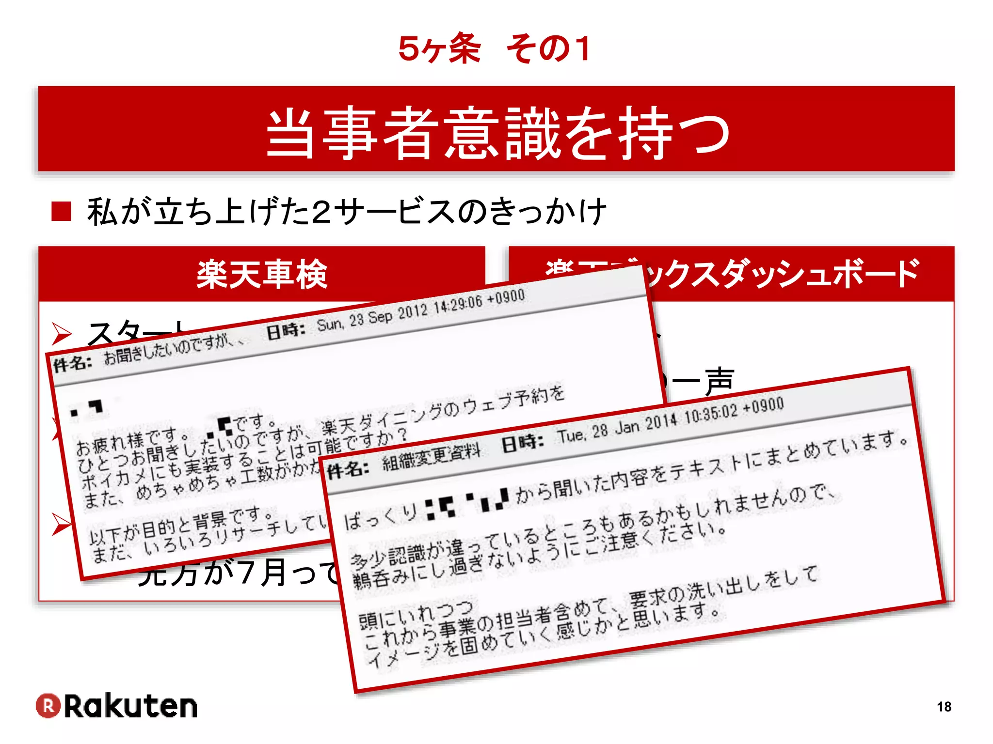 18
５ヶ条 その１
当事者意識を持つ
楽天車検 楽天ブックスダッシュボード
 スタート
• クライアントゲット施策
 機能
• 車検予約できる？
 スケジュール
• 先方が７月って言ってる
 スタート
• 鶴の一声
 機能
• 前作ったやつと同じで
 スケジュール
• ３ヶ月で出すように
 私が立ち上げた２サービスのきっかけ
 