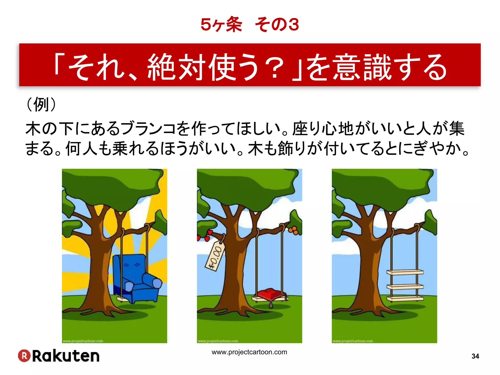 34
５ヶ条 その３
「それ、絶対使う？」を意識する
（例）
木の下にあるブランコを作ってほしい。座り心地がいいと人が集
まる。何人も乗れるほうがいい。木も飾りが付いてるとにぎやか。
www.projectcartoon.com
 