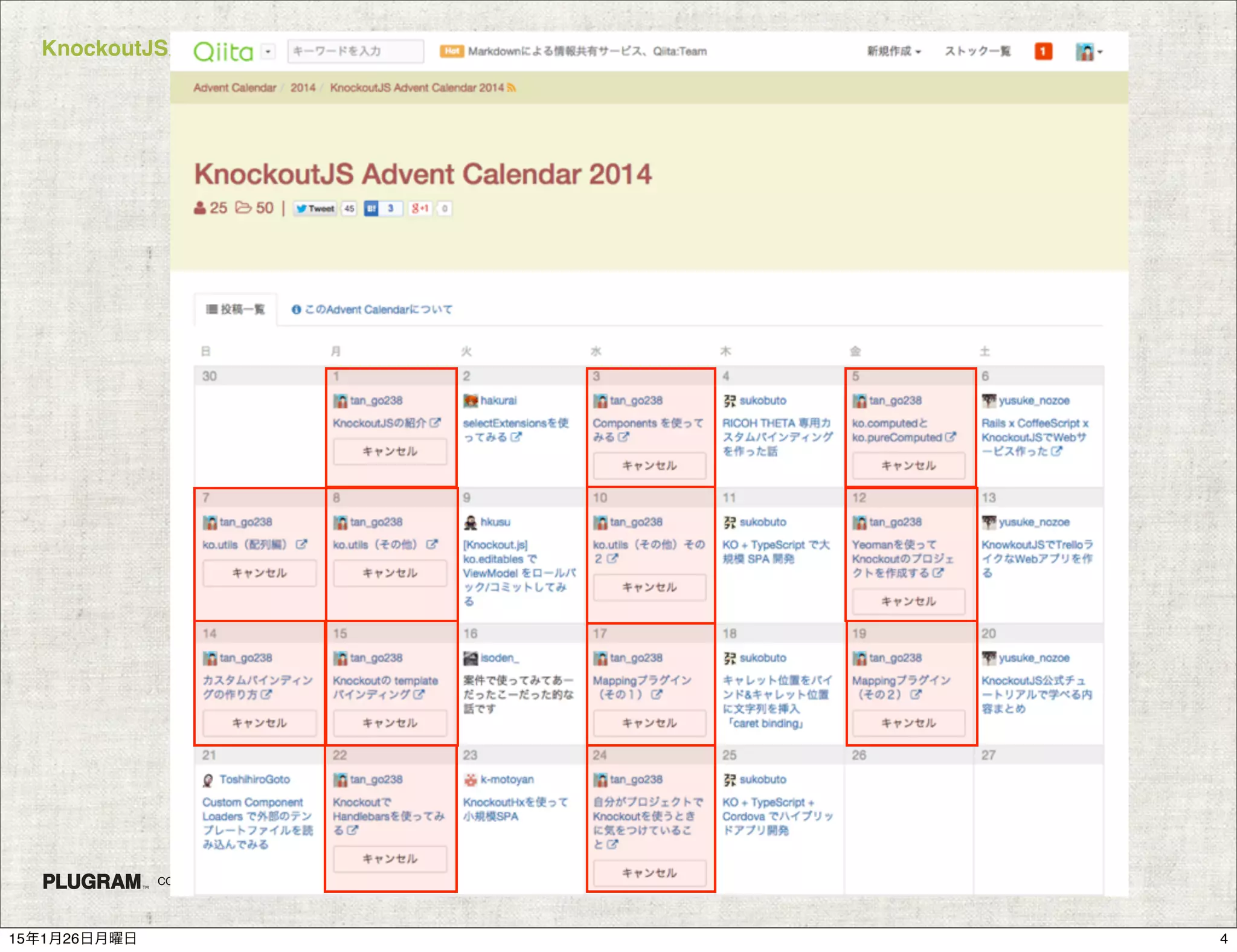 KnockoutJS入門
COPYRIGHT 2015 PLUGRAM, INC.
415年1月26日月曜日
 