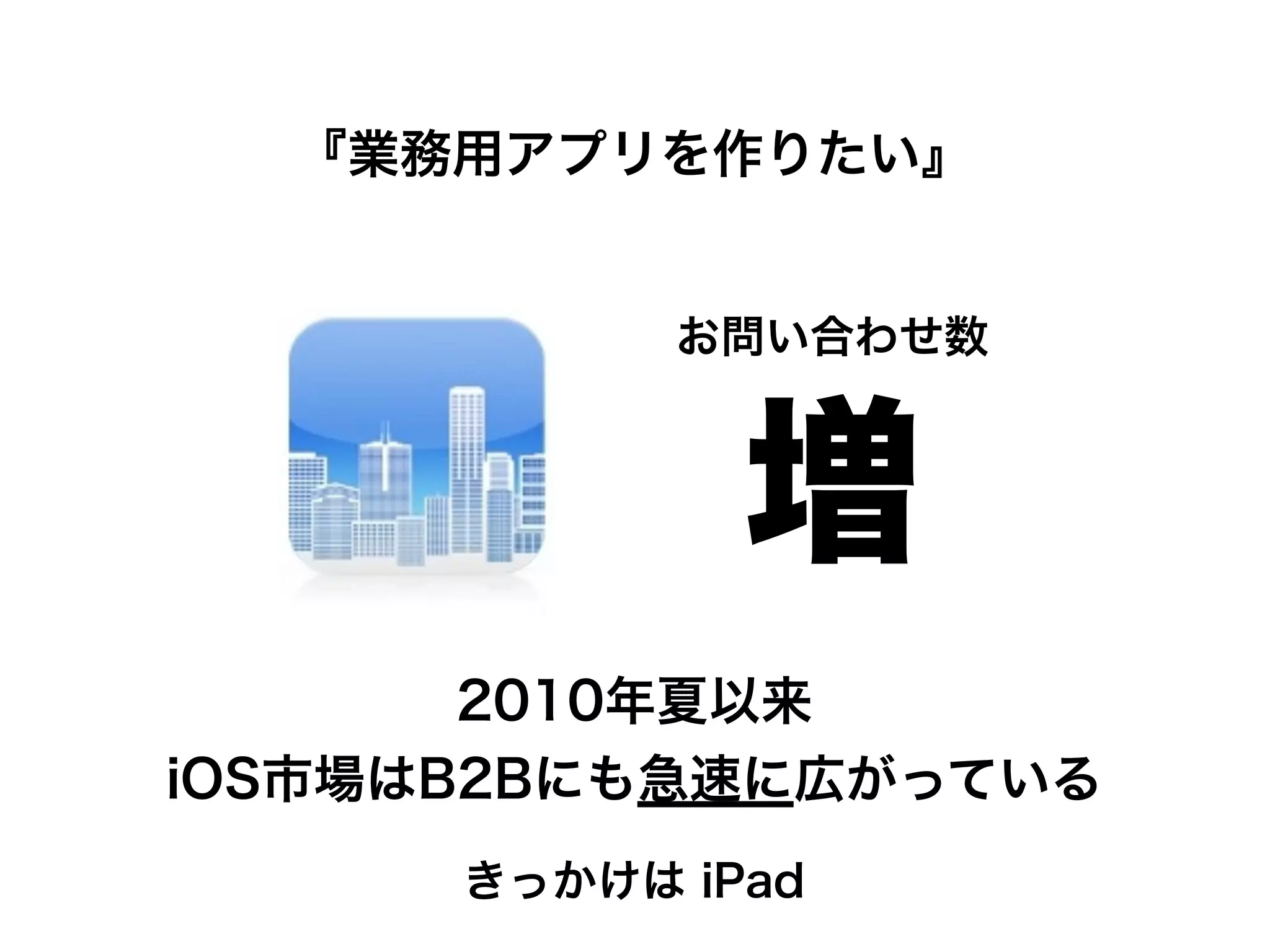 『業務用アプリを作りたい』
増
2010年夏以来
iOS市場はB2Bにも急速に広がっている
お問い合わせ数
きっかけは iPad
 