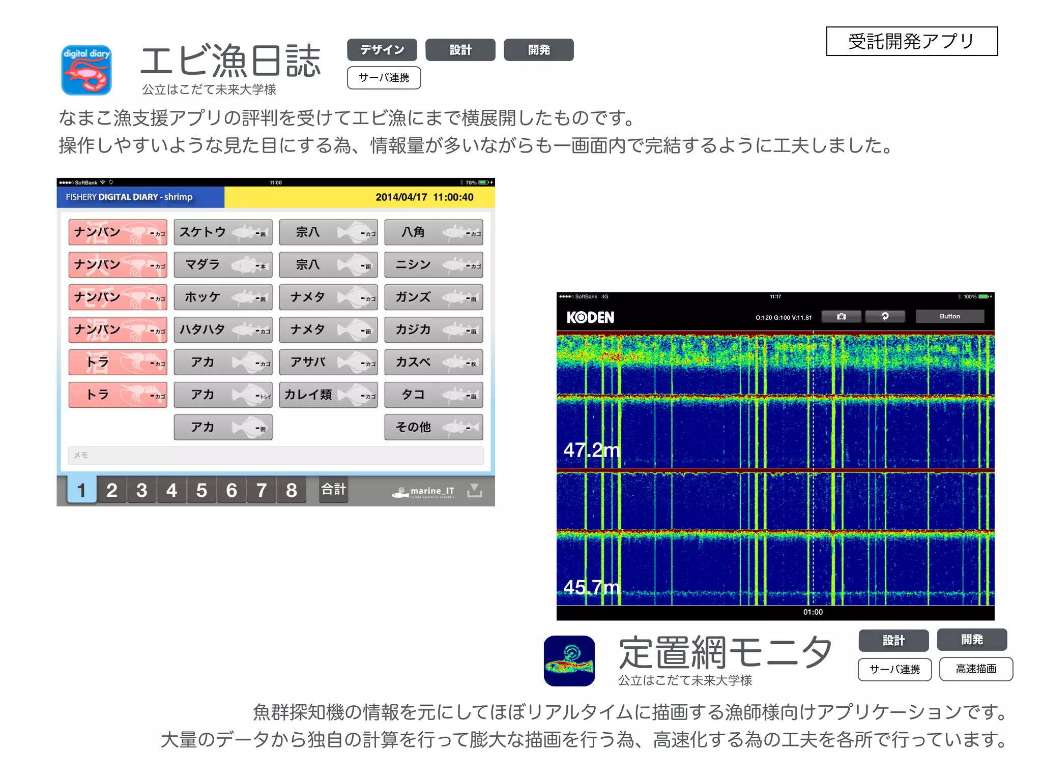 エビ漁日誌
デザイン 設計 開発
なまこ漁支援アプリの評判を受けてエビ漁にまで横展開したものです。
操作しやすいような見た目にする為、情報量が多いながらも一画面内で完結するように工夫しました。
定置網モニタ
設計 開発
魚群探知機の情報を元にしてほぼリアルタイムに描画する漁師様向けアプリケーションです。
大量のデータから独自の計算を行って膨大な描画を行う為、高速化する為の工夫を各所で行っています。
公立はこだて未来大学様
公立はこだて未来大学様
サーバ連携
サーバ連携 高速描画
受託開発アプリ
 