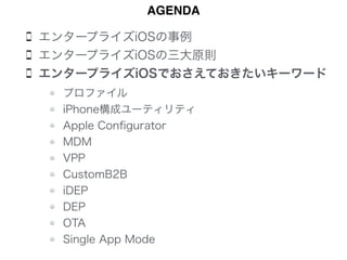 エンタープライズiOSの事例
エンタープライズiOSの三大原則
エンタープライズiOSでおさえておきたいキーワード 
 
 
 
 
 
 
 
 
AGENDA
プロファイル
iPhone構成ユーティリティ
Apple Conﬁgurator
MDM
VPP
CustomB2B
iDEP
DEP
OTA
Single App Mode
 