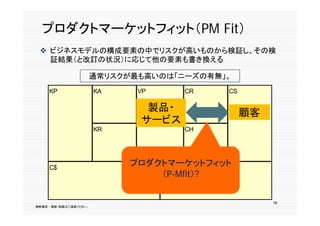 プロダクトマーケットフィット（PM Fit）
  ビジネスモデルの構成要素の中でリスクが高いものから検証し、その検
   証結果（と改訂の状況）に応じて他の要素も書き換える

                        通常リスクが最も高いのは「ニーズの有無」。
     KP                 KA     VP     CR    CS

                                製品・              顧客
                               サービス
                        KR            CH




     C$
                              プロダクトマ ケットフィット
                              プロダクトマーケットフィット
                                  R$
                                  （P-Mfit）?

                                                      18
無断複写 ・ 複製・転載はご遠慮ください。
 