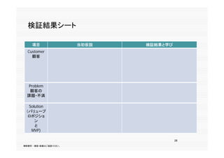 検証結果シート

    項目
    項                   当初仮説   検証結果と学び
  Customer
    顧客




  Problem
   顧客の
  課題 不満
  課題・不満

  Solution
 （バリュープ
  ロポジショ
   ポジシ
     ン                           28

     と
   MVP)

                                         28
無断複写 ・ 複製・転載はご遠慮ください。
 
