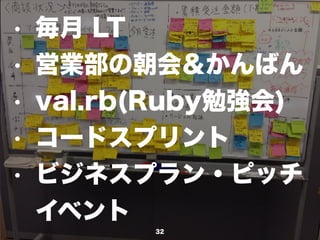 32
• 毎月 LT
• 営業部の朝会＆かんばん
• val.rb(Ruby勉強会)
• コードスプリント
• ビジネスプラン・ピッチ
イベント
 