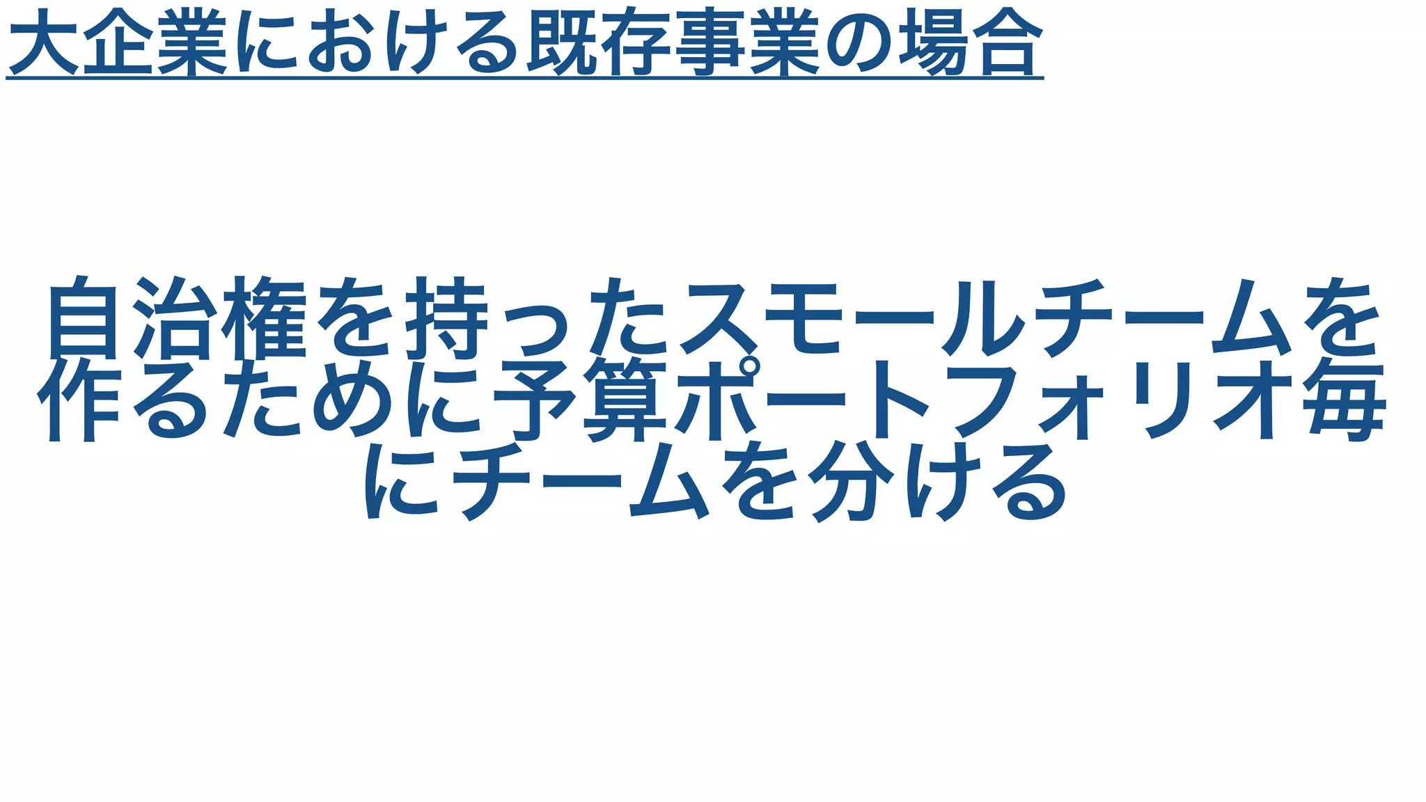 自治権を持ったスモールチームを
作るために予算ポートフォリオ毎
にチームを分ける
大企業における既存事業の場合
 