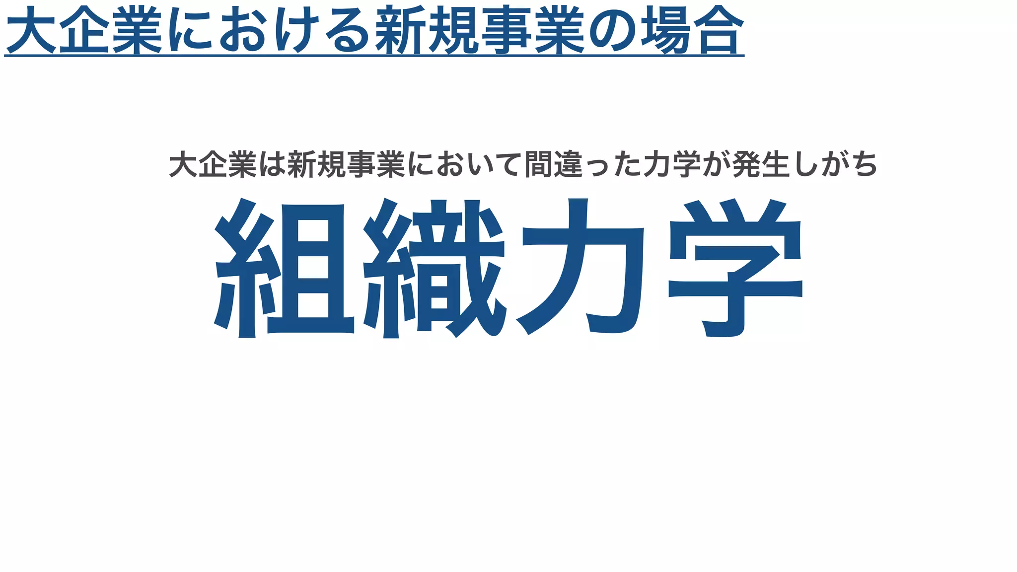 組織力学
大企業は新規事業において間違った力学が発生しがち
大企業における新規事業の場合
 