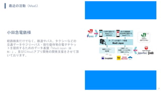 最近の活動（MaaS）
14
小田急電鉄様
経路検索だけでなく、鉄道やバス、タクシーなどの
交通データやフリーパス・割引優待等の電子チケッ
トを提供するためのデータ基盤「MaaS Japan（仮
称）」、並びにMaaSアプリ開発の開発支援をさせて頂
いております。
 
