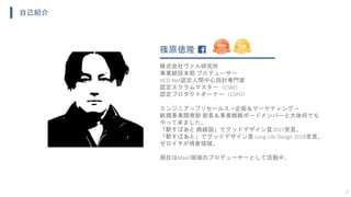 2
篠原徳隆
株式会社ヴァル研究所
事業統括本部 プロデューサー
HCD-Net認定人間中心設計専門家
認定スクラムマスター（CSM）
認定プロダクトオーナー（CSPO）
自己紹介
エンジニア→プリセールス→企画＆マーケティング→
新規事業開発部 部長＆事業戦略ボードメンバーと大体何でも
やって来ました。
「駅すぱあと 路線図」でグッドデザイン賞2017受賞。
「駅すぱあと」でグッドデザイン賞 Long Life Design 2018受賞。
ゼロイチが得意領域。
現在はMaaS領域のプロデューサーとして活動中。
 