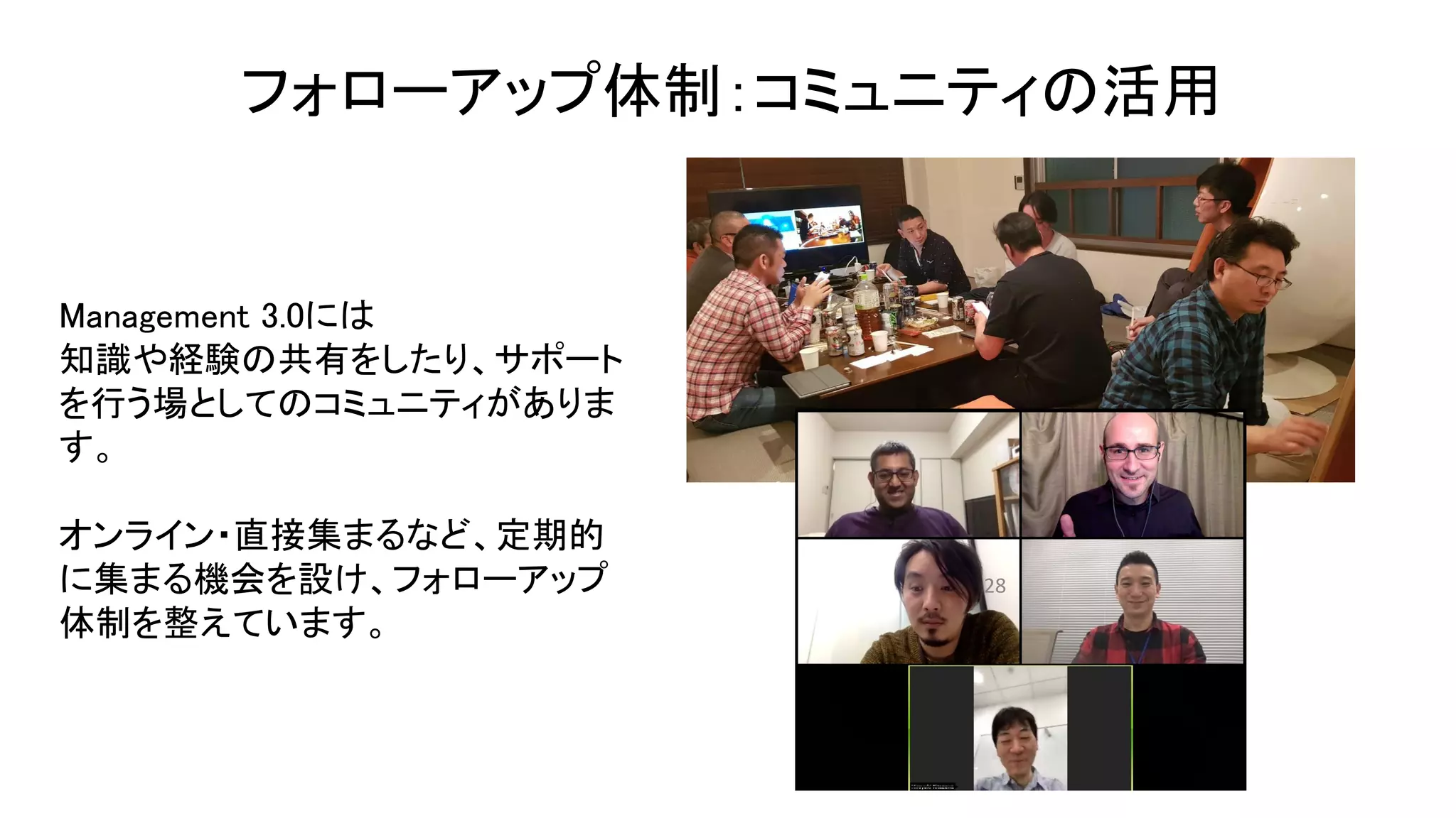 フォローアップ体制：コミュニティの活用 
Management 3.0には 
知識や経験の共有をしたり、サポート
を行う場としてのコミュニティがありま
す。 
 
オンライン・直接集まるなど、定期的
に集まる機会を設け、フォローアップ
体制を整えています。 
28
 