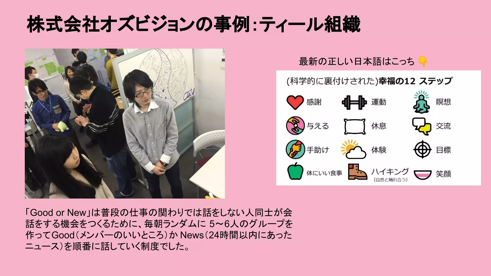 株式会社オズビジョンの事例：ティール組織 
 
「Good or New」は普段の仕事の関わりでは話をしない人同士が会
話をする機会をつくるために、毎朝ランダムに 5～6人のグループを
作ってGood（メンバーのいいところ）か News（24時間以内にあった
ニュース）を順番に話していく制度でした。
最新の正しい日本語はこっち 👇
 