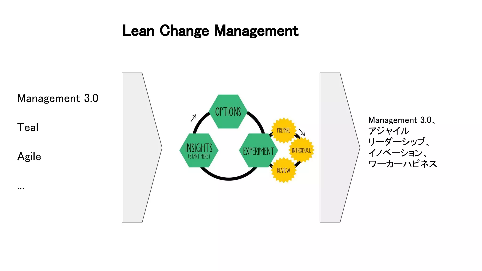 Management 3.0 
 
Teal 
 
Agile 
 
... 
Lean Change Management 
Management 3.0、 
アジャイル 
リーダーシップ、 
イノベーション、 
ワーカーハピネス
 