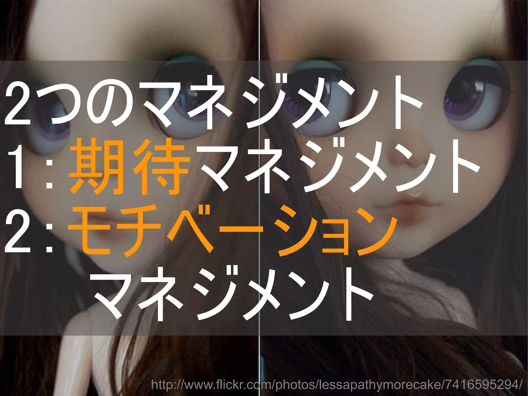 2つのマネジメント
1：期待マネジメント
2：モチベーション
　　マネジメント
http://www.flickr.com/photos/lessapathymorecake/7416595294/
Copyright @yohhatu

 