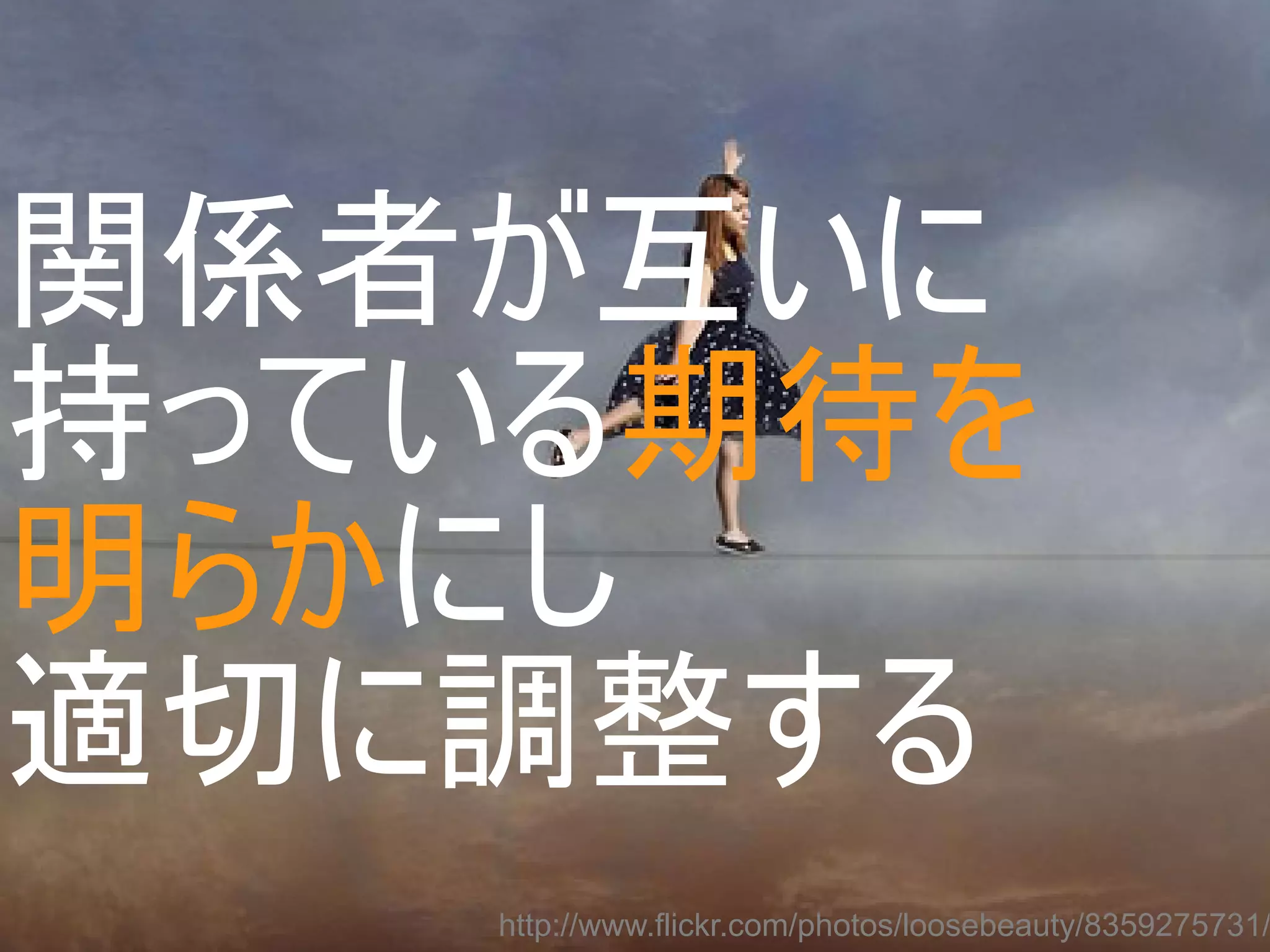 関係者が互いに
持っている期待を
明らかにし
適切に調整する

http://www.flickr.com/photos/loosebeauty/8359275731/
Copyright @yohhatu

 