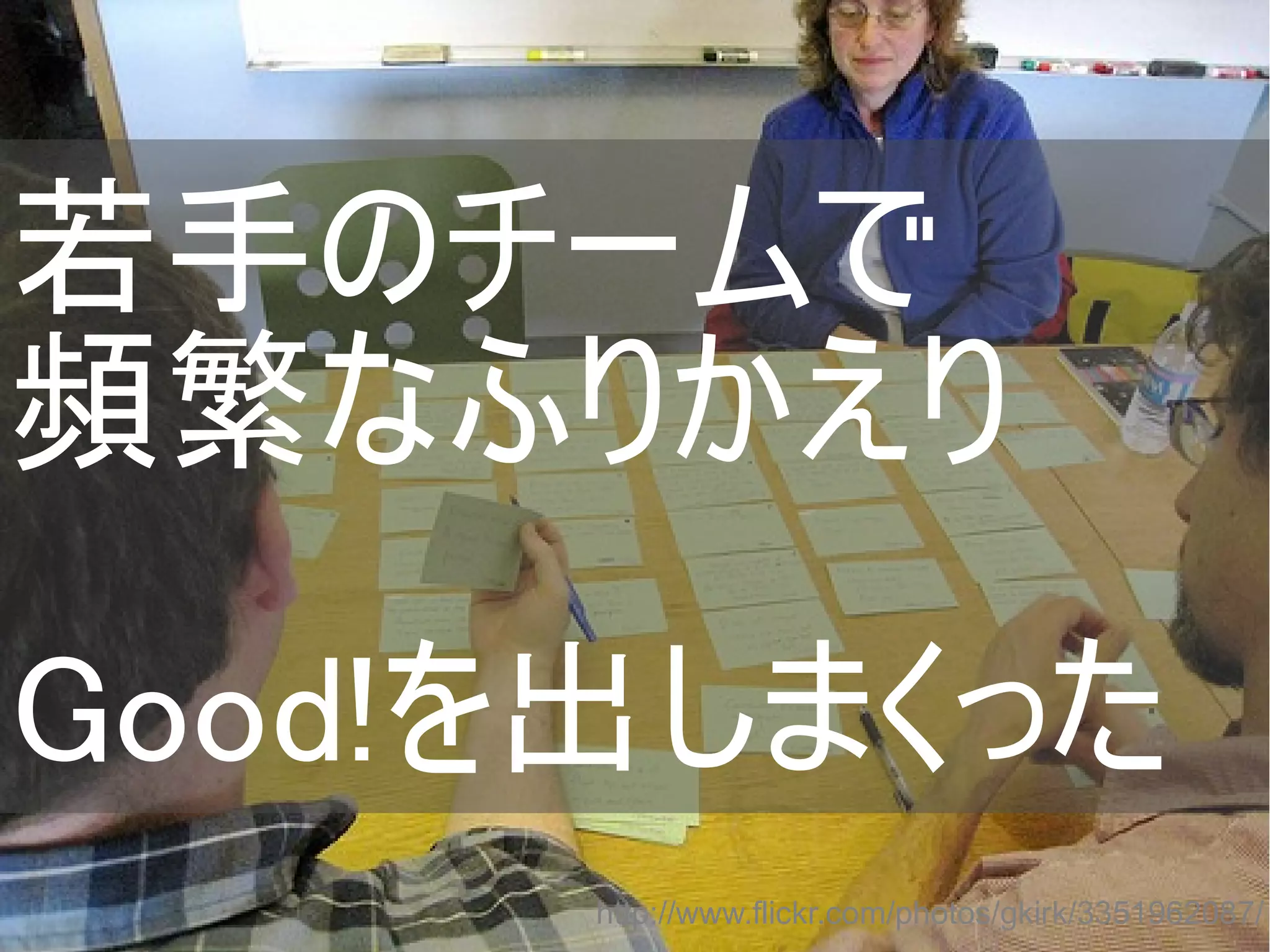 若手のチームで
頻繁なふりかえり
Good!を出しまくった
http://www.flickr.com/photos/gkirk/3351962087/
Copyright @yohhatu

 