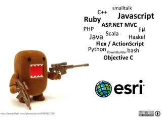 http://www.flickr.com/photos/joriel/4959821795
F#
Ruby
Haskel
Javascript
Objective C
Java
bashPython
PHP
Scala
PowerBuilder
C++
smalltalk
Flex / ActionScript
ASP.NET MVC
 