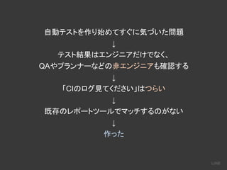 自動テストを作り始めてすぐに気づいた問題
↓
テスト結果はエンジニアだけでなく、
QAやプランナーなどの非エンジニアも確認する
↓
「CIのログ見てください」はつらい
↓
既存のレポートツールでマッチするのがない
↓
作った
 