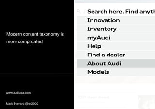 Modern content taxonomy isModern content taxonomy is
more complicated
Mark Everard @ev2000
www.audiusa.com/
 