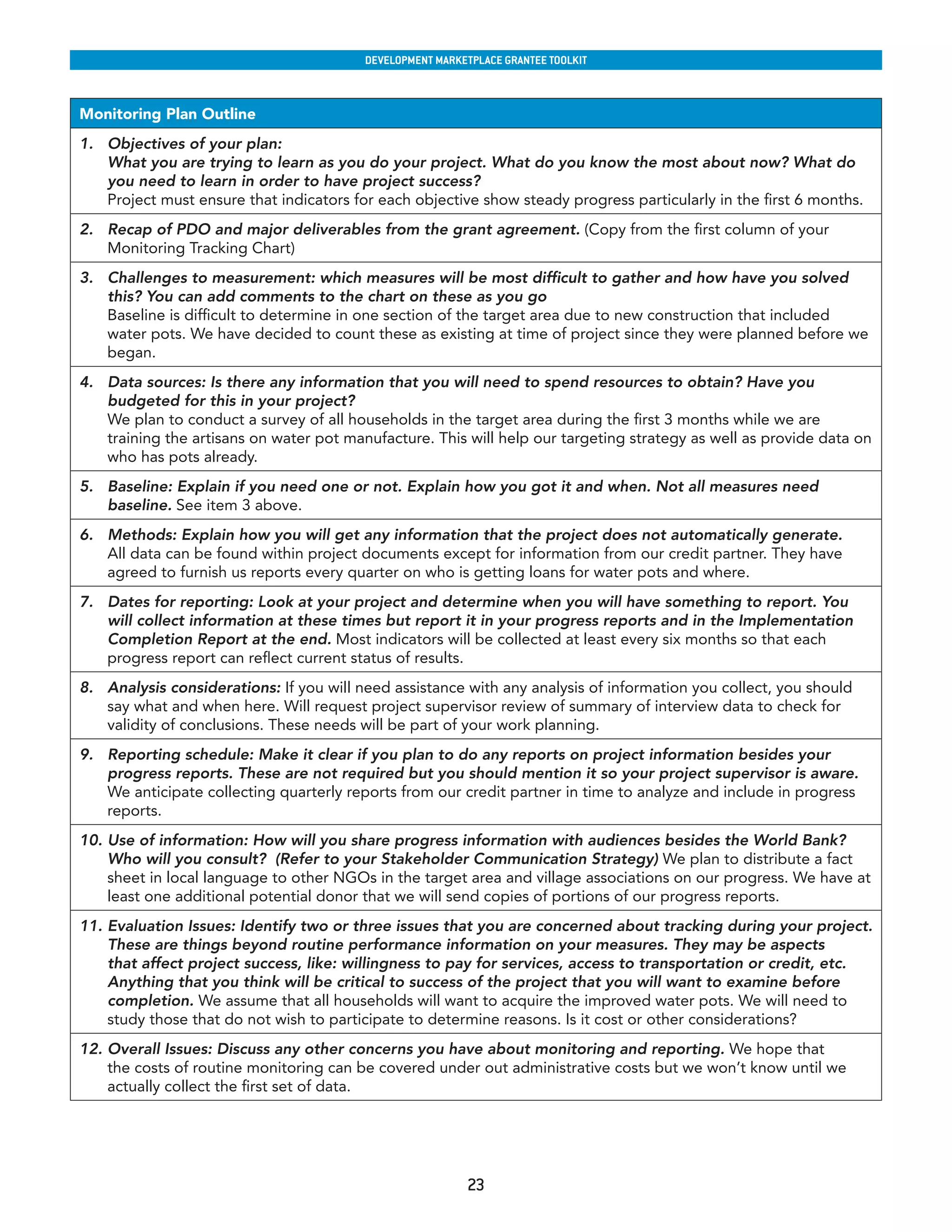 developmenT markeTplaCe GranTee ToolkIT



Monitoring Plan Outline
1. Objectives of your plan:
   What you are trying to learn as you do your project. What do you know the most about now? What do
   you need to learn in order to have project success?
   Project must ensure that indicators for each objective show steady progress particularly in the first 6 months.
2. Recap of PDO and major deliverables from the grant agreement. (Copy from the first column of your
   Monitoring Tracking Chart)
3. Challenges to measurement: which measures will be most difficult to gather and how have you solved
   this? You can add comments to the chart on these as you go
   Baseline is difficult to determine in one section of the target area due to new construction that included
   water pots. We have decided to count these as existing at time of project since they were planned before we
   began.
4. Data sources: Is there any information that you will need to spend resources to obtain? Have you
   budgeted for this in your project?
   We plan to conduct a survey of all households in the target area during the first 3 months while we are
   training the artisans on water pot manufacture. This will help our targeting strategy as well as provide data on
   who has pots already.
5. Baseline: Explain if you need one or not. Explain how you got it and when. Not all measures need
   baseline. See item 3 above.
6. Methods: Explain how you will get any information that the project does not automatically generate.
   All data can be found within project documents except for information from our credit partner. They have
   agreed to furnish us reports every quarter on who is getting loans for water pots and where.
7. Dates for reporting: Look at your project and determine when you will have something to report. You
   will collect information at these times but report it in your progress reports and in the Implementation
   Completion Report at the end. Most indicators will be collected at least every six months so that each
   progress report can reflect current status of results.
8. Analysis considerations: If you will need assistance with any analysis of information you collect, you should
   say what and when here. Will request project supervisor review of summary of interview data to check for
   validity of conclusions. These needs will be part of your work planning.
9. Reporting schedule: Make it clear if you plan to do any reports on project information besides your
   progress reports. These are not required but you should mention it so your project supervisor is aware.
   We anticipate collecting quarterly reports from our credit partner in time to analyze and include in progress
   reports.
10. Use of information: How will you share progress information with audiences besides the World Bank?
    Who will you consult? (Refer to your Stakeholder Communication Strategy) We plan to distribute a fact
    sheet in local language to other NGOs in the target area and village associations on our progress. We have at
    least one additional potential donor that we will send copies of portions of our progress reports.
11. Evaluation Issues: Identify two or three issues that you are concerned about tracking during your project.
    These are things beyond routine performance information on your measures. They may be aspects
    that affect project success, like: willingness to pay for services, access to transportation or credit, etc.
    Anything that you think will be critical to success of the project that you will want to examine before
    completion. We assume that all households will want to acquire the improved water pots. We will need to
    study those that do not wish to participate to determine reasons. Is it cost or other considerations?
12. Overall Issues: Discuss any other concerns you have about monitoring and reporting. We hope that
    the costs of routine monitoring can be covered under out administrative costs but we won’t know until we
    actually collect the first set of data.




                                                          23
 