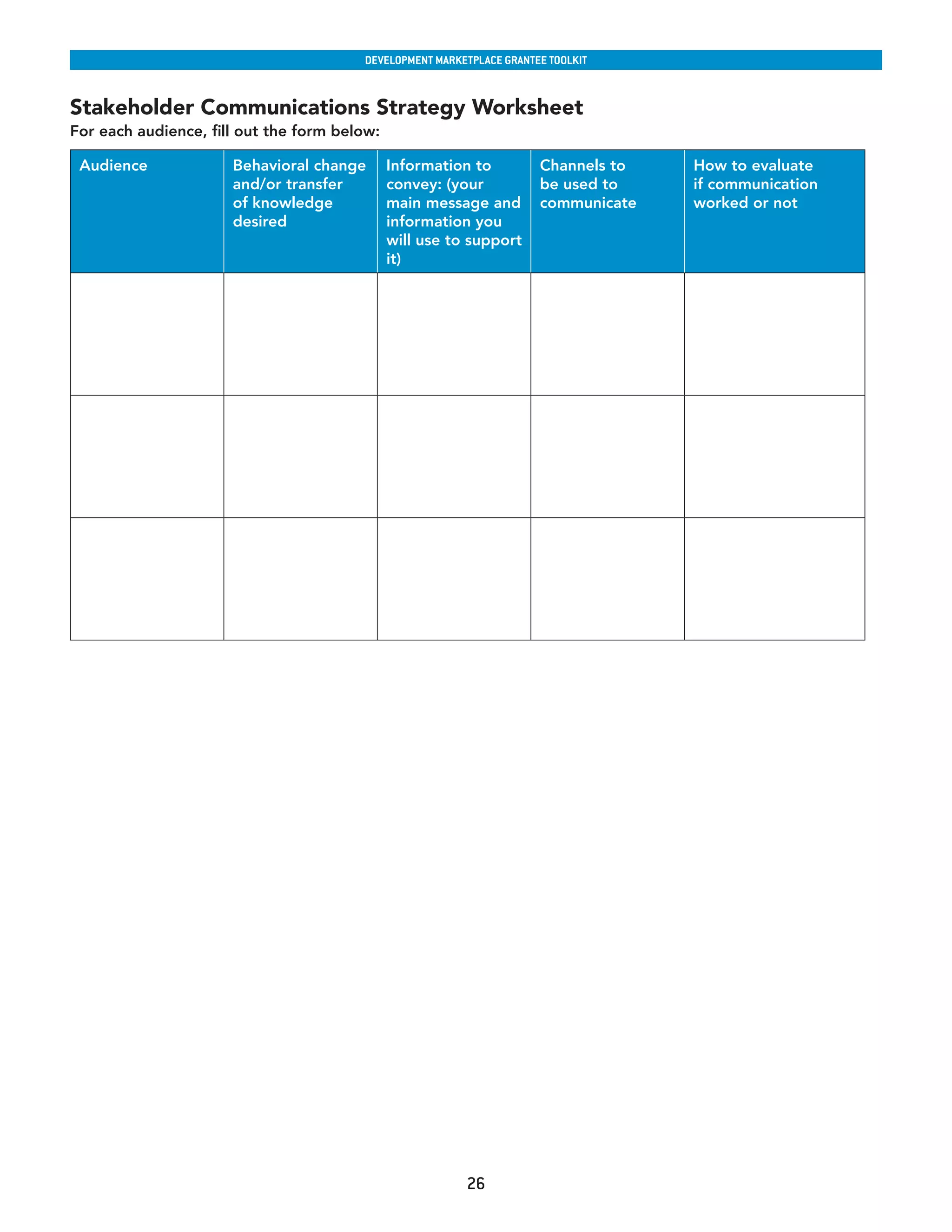 developmenT markeTplaCe GranTee ToolkIT



Stakeholder Communications Strategy Worksheet
For each audience, fill out the form below:

    Audience             Behavioral change       Information to            Channels to       How to evaluate
                         and/or transfer         convey: (your             be used to        if communication
                         of knowledge            main message and          communicate       worked or not
                         desired                 information you
                                                 will use to support
                                                 it)
                                                                                          




                                                            26
 