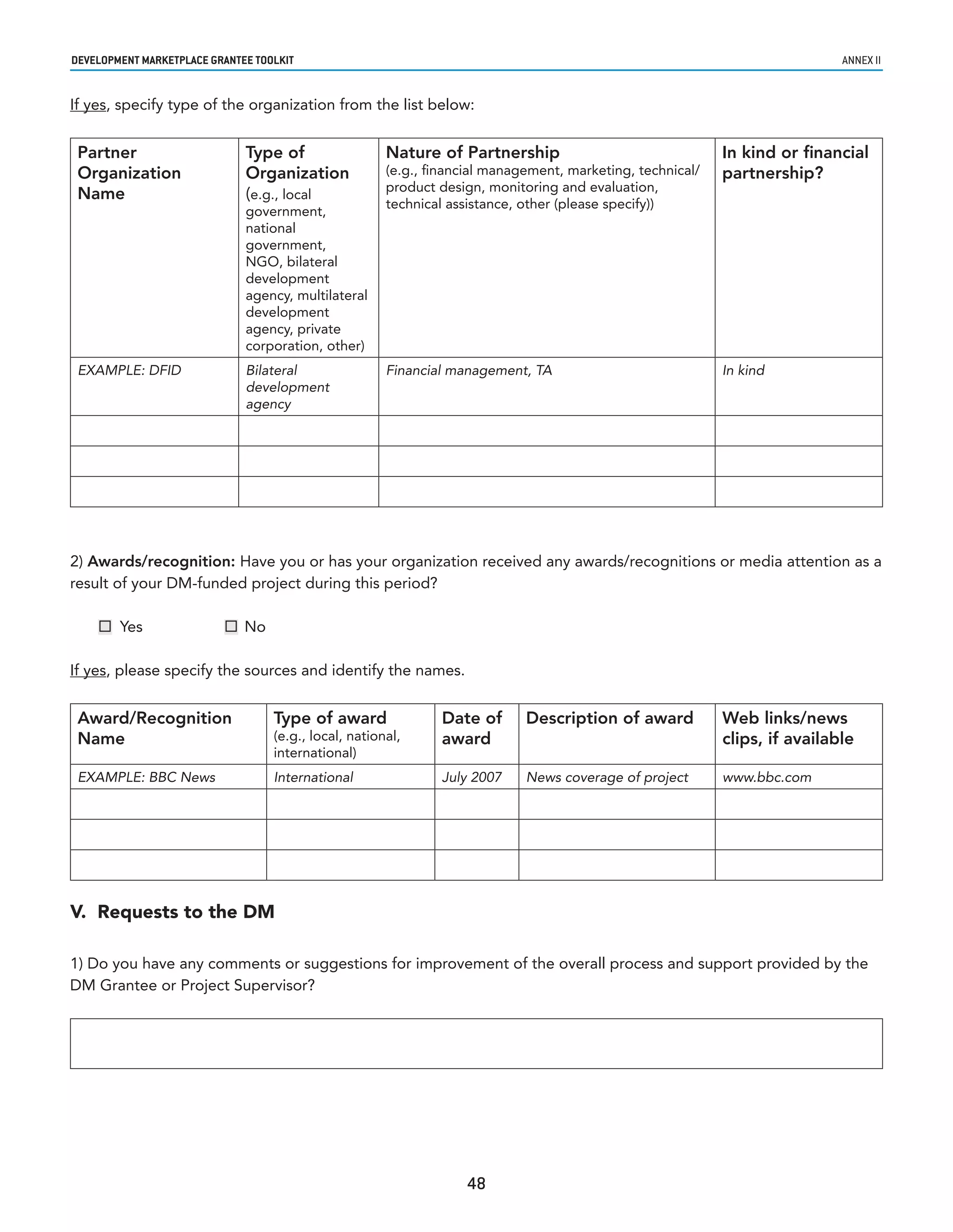 developmenT markeTplaCe GranTee ToolkIT                                                                                      annex ii


If yes, specify type of the organization from the list below:


 Partner                      Type of                  Nature of Partnership                                In kind or financial
 Organization                 Organization             (e.g., financial management, marketing, technical/   partnership?
                                                       product design, monitoring and evaluation,
 Name                         (e.g., local
                                                       technical assistance, other (please specify))
                              government,
                              national
                              government,
                              NGO, bilateral
                              development
                              agency, multilateral
                              development
                              agency, private
                              corporation, other)
 EXAMPLE: DFID                Bilateral                Financial management, TA                             In kind
                              development
                              agency




2) Awards/recognition: Have you or has your organization received any awards/recognitions or media attention as a
result of your DM-funded project during this period?

     Yes                  No

If yes, please specify the sources and identify the names.


 Award/Recognition                 Type of award               Date of       Description of award           Web links/news
 Name                              (e.g., local, national,     award                                        clips, if available
                                   international)
 EXAMPLE: BBC News                 International               July 2007     News coverage of project       www.bbc.com




V. Requests to the DM

1) Do you have any comments or suggestions for improvement of the overall process and support provided by the
DM Grantee or Project Supervisor?




                                                                   48
 