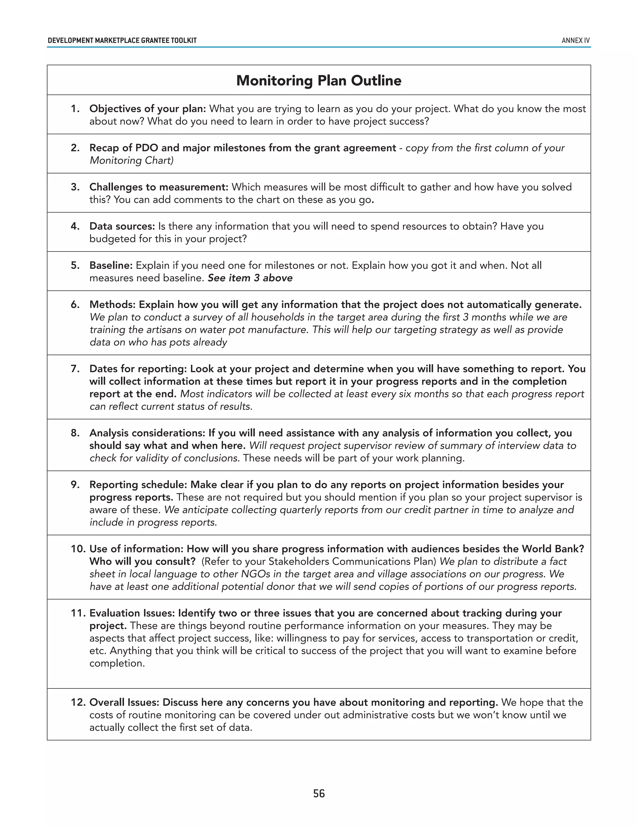 developmenT markeTplaCe GranTee ToolkIT                                                                              annex iv




                                           Monitoring Plan Outline
      1. Objectives of your plan: What you are trying to learn as you do your project. What do you know the most
         about now? What do you need to learn in order to have project success?

      2. Recap of PDO and major milestones from the grant agreement - copy from the first column of your
         Monitoring Chart)

      3. Challenges to measurement: Which measures will be most difficult to gather and how have you solved
         this? You can add comments to the chart on these as you go.

      4. Data sources: Is there any information that you will need to spend resources to obtain? Have you
         budgeted for this in your project?

      5. Baseline: Explain if you need one for milestones or not. Explain how you got it and when. Not all
         measures need baseline. See item 3 above

      6. Methods: Explain how you will get any information that the project does not automatically generate.
         We plan to conduct a survey of all households in the target area during the first 3 months while we are
         training the artisans on water pot manufacture. This will help our targeting strategy as well as provide
         data on who has pots already

      7. Dates for reporting: Look at your project and determine when you will have something to report. You
         will collect information at these times but report it in your progress reports and in the completion
         report at the end. Most indicators will be collected at least every six months so that each progress report
         can reflect current status of results.

      8. Analysis considerations: If you will need assistance with any analysis of information you collect, you
         should say what and when here. Will request project supervisor review of summary of interview data to
         check for validity of conclusions. These needs will be part of your work planning.

      9. Reporting schedule: Make clear if you plan to do any reports on project information besides your
         progress reports. These are not required but you should mention if you plan so your project supervisor is
         aware of these. We anticipate collecting quarterly reports from our credit partner in time to analyze and
         include in progress reports.

      10. Use of information: How will you share progress information with audiences besides the World Bank?
          Who will you consult? (Refer to your Stakeholders Communications Plan) We plan to distribute a fact
          sheet in local language to other NGOs in the target area and village associations on our progress. We
          have at least one additional potential donor that we will send copies of portions of our progress reports.

      11. Evaluation Issues: Identify two or three issues that you are concerned about tracking during your
          project. These are things beyond routine performance information on your measures. They may be
          aspects that affect project success, like: willingness to pay for services, access to transportation or credit,
          etc. Anything that you think will be critical to success of the project that you will want to examine before
          completion.


      12. Overall Issues: Discuss here any concerns you have about monitoring and reporting. We hope that the
          costs of routine monitoring can be covered under out administrative costs but we won’t know until we
          actually collect the first set of data.




                                                            56
 