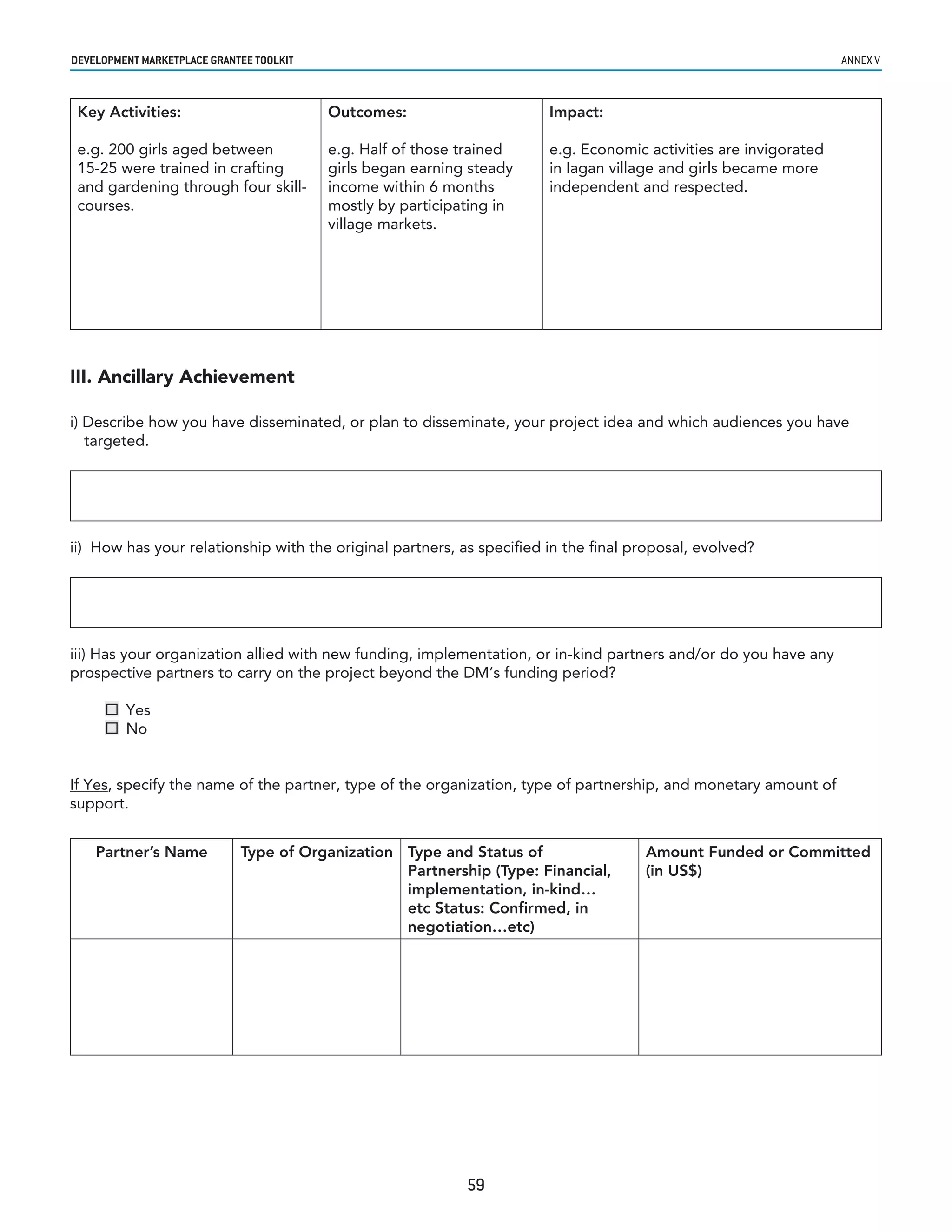 developmenT markeTplaCe GranTee ToolkIT                                                                           annex v



 Key Activities:                          Outcomes:                    Impact:

 e.g. 200 girls aged between              e.g. Half of those trained   e.g. Economic activities are invigorated
 15-25 were trained in crafting           girls began earning steady   in Iagan village and girls became more
 and gardening through four skill-        income within 6 months       independent and respected.
 courses.                                 mostly by participating in
                                          village markets.




III. Ancillary Achievement

i) Describe how you have disseminated, or plan to disseminate, your project idea and which audiences you have
   targeted.




ii) How has your relationship with the original partners, as specified in the final proposal, evolved?




iii) Has your organization allied with new funding, implementation, or in-kind partners and/or do you have any
prospective partners to carry on the project beyond the DM’s funding period?

      Yes
      No


If Yes, specify the name of the partner, type of the organization, type of partnership, and monetary amount of
support.


    Partner’s Name           Type of Organization Type and Status of                 Amount Funded or Committed
                                                  Partnership (Type: Financial,      (in US$)
                                                  implementation, in-kind…
                                                  etc Status: Confirmed, in
                                                  negotiation…etc)




                                                             59
 