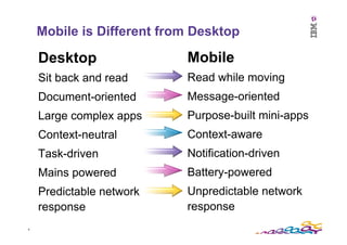 6	
  
Mobile is Different from Desktop
Desktop
Sit back and read
Document-oriented
Large complex apps
Context-neutral
Task...