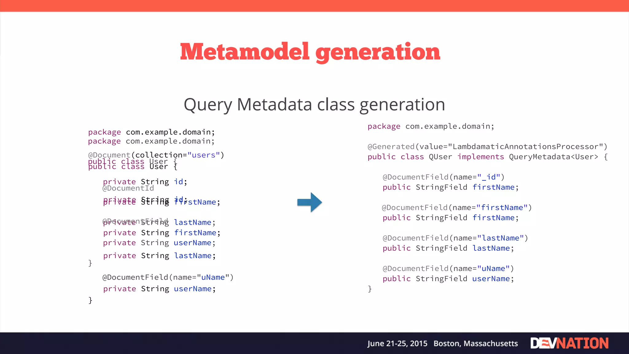 package com.example.domain; public class User { private String id; private String firstName; private String lastName; private String userName; } Metamodel generation package com.example.domain; @Document(collection="users") public class User { @DocumentId private String id; @DocumentField private String firstName; private String lastName; @DocumentField(name="uName") private String userName; } package com.example.domain; @Generated(value="LambdamaticAnnotationsProcessor") public class QUser implements QueryMetadata<User> { @DocumentField(name="_id") public StringField firstName; @DocumentField(name="firstName") public StringField firstName; @DocumentField(name="lastName") public StringField lastName; @DocumentField(name="uName") public StringField userName; } Query Metadata class generation 