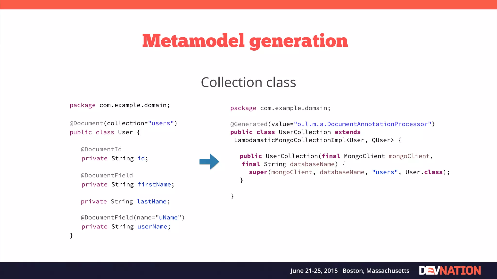 Metamodel generation package com.example.domain; @Generated(value="o.l.m.a.DocumentAnnotationProcessor") public class UserCollection extends LambdamaticMongoCollectionImpl<User, QUser> { public UserCollection(final MongoClient mongoClient, final String databaseName) { super(mongoClient, databaseName, "users", User.class); } } Collection class package com.example.domain; @Document(collection="users") public class User { @DocumentId private String id; @DocumentField private String firstName; private String lastName; @DocumentField(name="uName") private String userName; } 