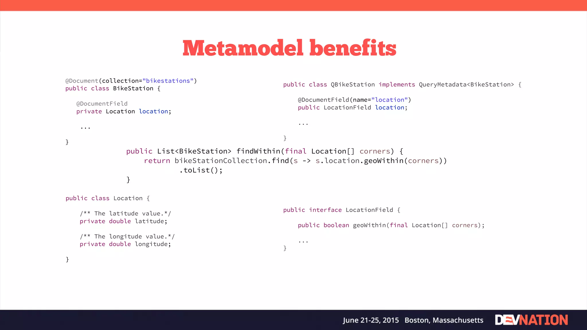 Metamodel benefits public class Location { /** The latitude value.*/ private double latitude; /** The longitude value.*/ private double longitude; } public List<BikeStation> findWithin(final Location[] corners) { return bikeStationCollection.find(s -> s.location.geoWithin(corners)) .toList(); } public class QBikeStation implements QueryMetadata<BikeStation> { @DocumentField(name="location") public LocationField location; ... } @Document(collection="bikestations") public class BikeStation { @DocumentField private Location location; ... } public interface LocationField { public boolean geoWithin(final Location[] corners); ... } 