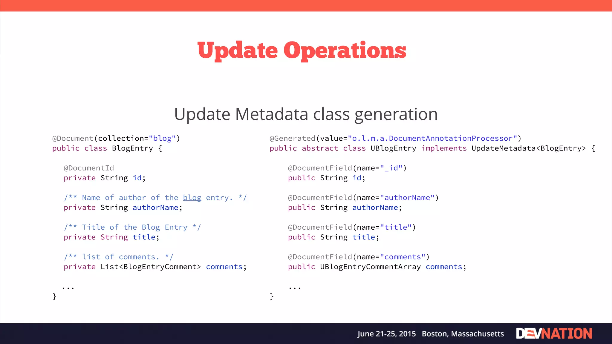 Update Operations @Document(collection="blog") public class BlogEntry { @DocumentId private String id; /** Name of author of the blog entry. */ private String authorName; /** Title of the Blog Entry */ private String title; /** list of comments. */ private List<BlogEntryComment> comments; ... } Update Metadata class generation @Generated(value="o.l.m.a.DocumentAnnotationProcessor") public abstract class UBlogEntry implements UpdateMetadata<BlogEntry> { @DocumentField(name="_id") public String id; @DocumentField(name="authorName") public String authorName; @DocumentField(name="title") public String title; @DocumentField(name="comments") public UBlogEntryCommentArray comments; ... } 