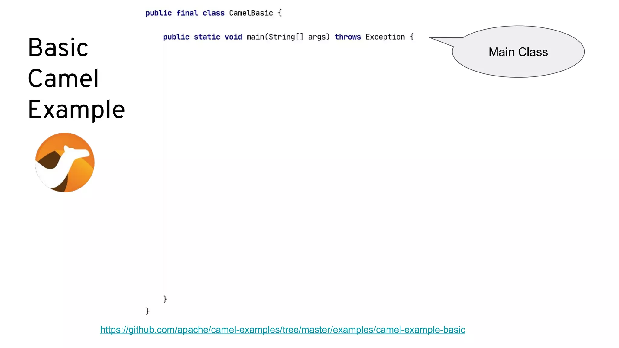 Basic
Camel
Example
https://github.com/apache/camel-examples/tree/master/examples/camel-example-basic
Main Class
 