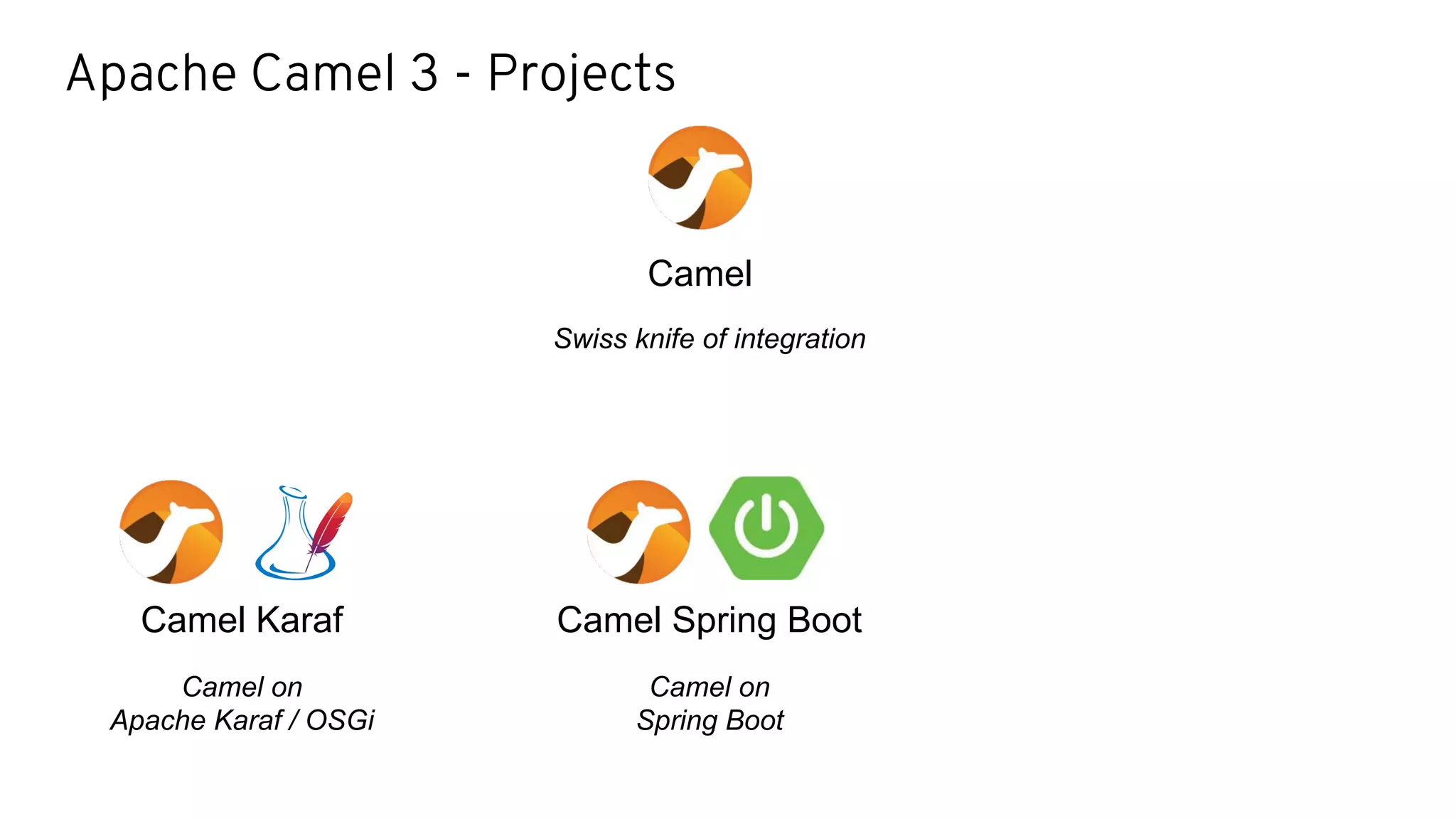 Apache Camel 3 - Projects
Camel
Swiss knife of integration
Camel Spring Boot
Camel on
Spring Boot
Camel Karaf
Camel on
Apache Karaf / OSGi
 